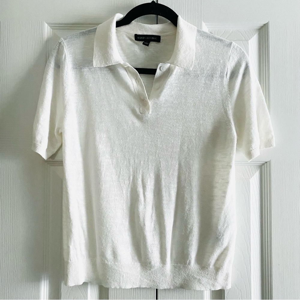 BANANA REPUBLIC LINEN SHORT SLEEVE COLLARED POLO SWEATER Off White Cream S